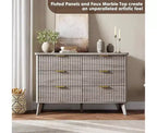 Commode à 6 tiroirs pour chambre à coucher, commodes larges avec profil incurvé, tiroirs en bois cannelé avec poignée dorée, commode au design épaissi
