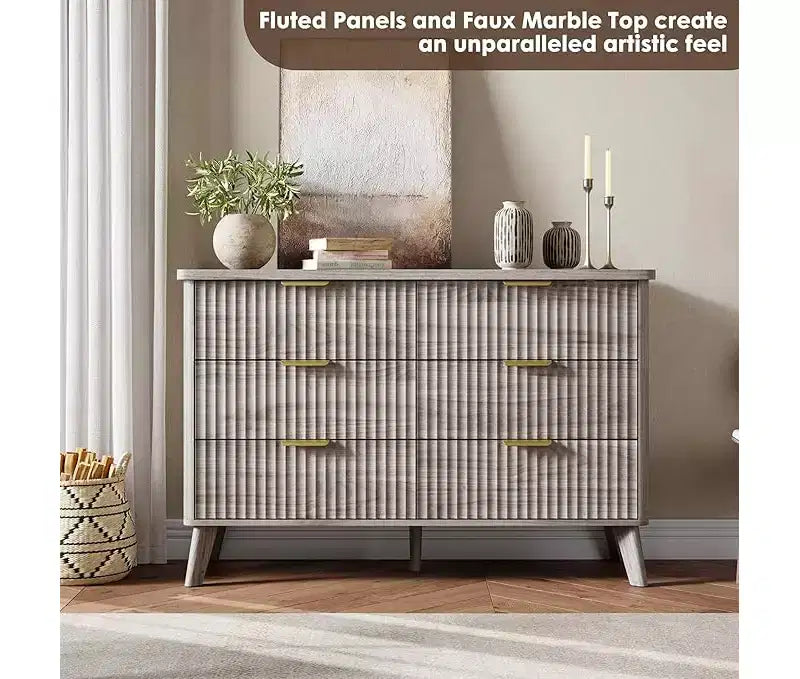 Commode à 6 tiroirs pour chambre à coucher, commodes larges avec profil incurvé, tiroirs en bois cannelé avec poignée dorée, commode au design épaissi