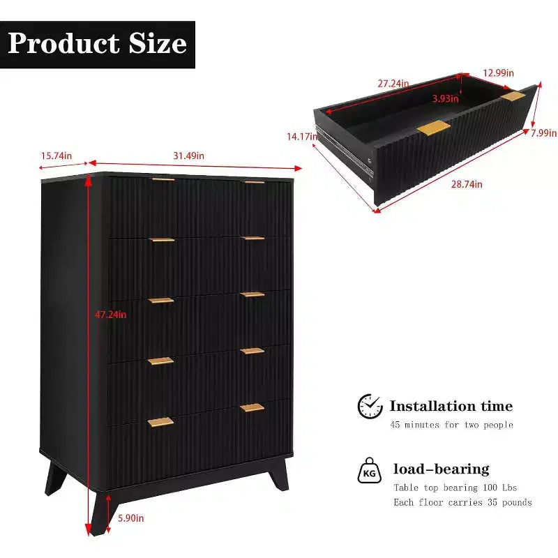 Commode à 5 tiroirs de 122 cm de haut, style Mid-Century, avec panneaux texturés, rangement polyvalent pour chambre et salon, finition ton bois, montage facile