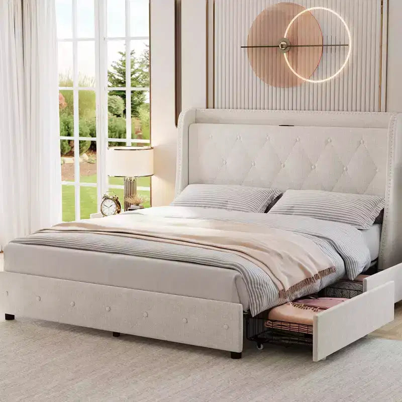Full Size Upholstered Bed Frame with 4 Storage Drawers, Headboard Shelf & Charging Station, Wingback, Platform, Noise-Free, No Box Spring Needed