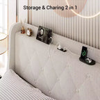 Cadre de lit rembourré complet avec 4 tiroirs de rangement, étagère de tête de lit et station de recharge, dossier capitonné, plateforme, silencieux, aucun sommier tapissier requis