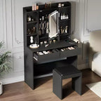 Coiffeuse avec miroir LED et lumières, tabouret, ports USB, rangement | Table de maquillage