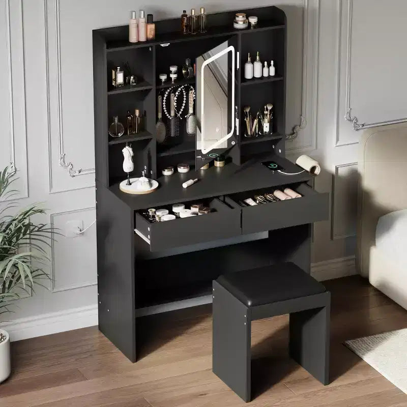 Coiffeuse avec miroir LED et lumières, tabouret, ports USB, rangement | Table de maquillage