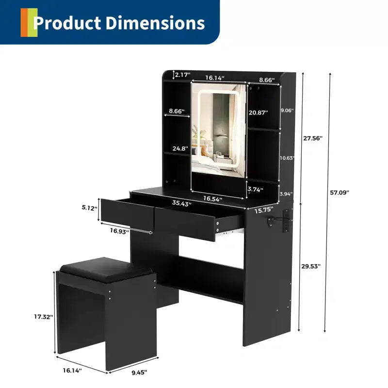 Coiffeuse avec miroir LED et lumières, tabouret, ports USB, rangement | Table de maquillage