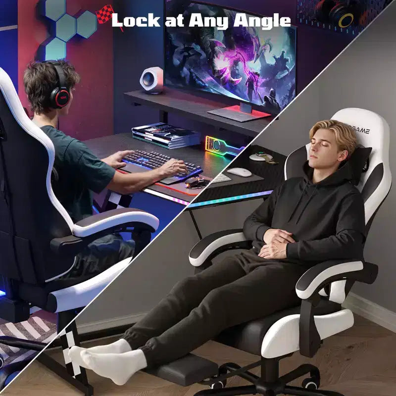 RSPGAME Basic Ergonomic Gaming Chair for Adults, PU Leather Office Chairs with Vibration Lumbar Support and Retractable Footrest, Home Computer Chairs