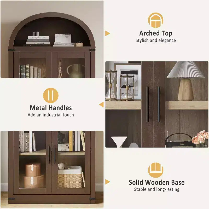Bibliothèque Arches avec Portes, Étagère de Rangement Moderne à 6 Niveaux, Vitrine en Bois, Étagères de Rangement Style Ferme pour Salon, Cuisine, Bureau