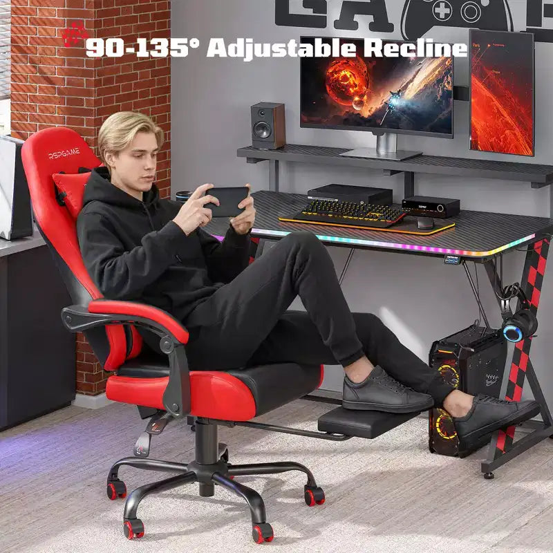 RSPGAME Basic Ergonomic Gaming Chairs for Adults, PU Leather Office Chairs with Lumbar Support, Pocket Spring Cushion and Retractable Footrest