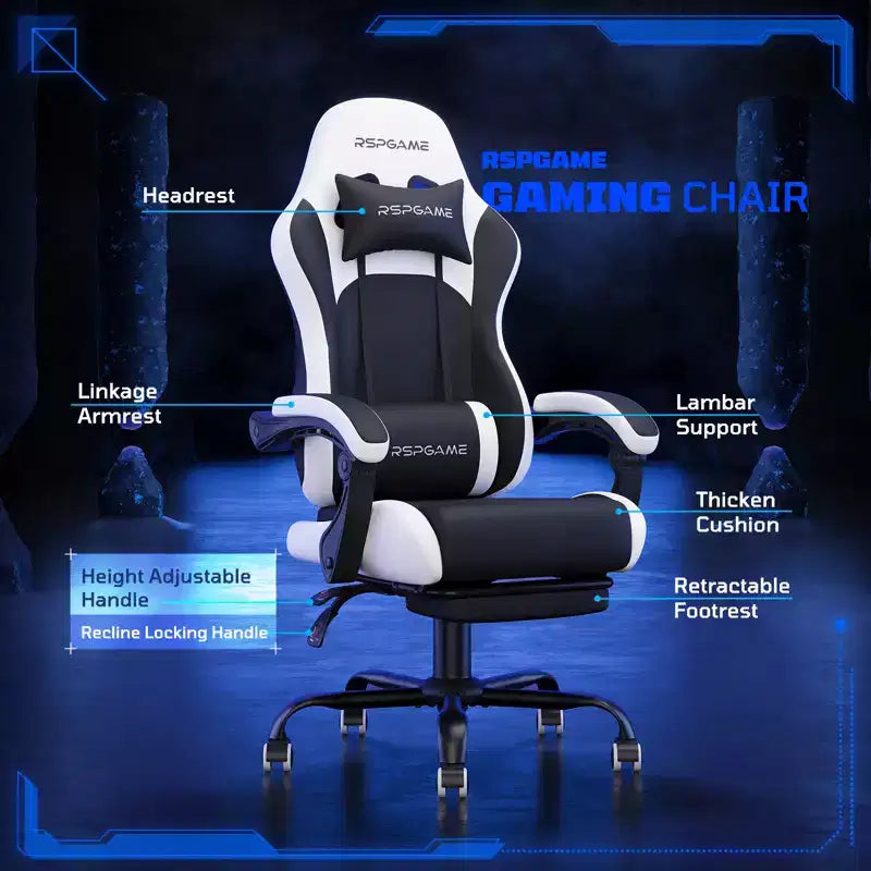 RSPGAME Basic Ergonomic Gaming Chairs for Adults, PU Leather Office Chairs with Lumbar Support, Pocket Spring Cushion and Retractable Footrest