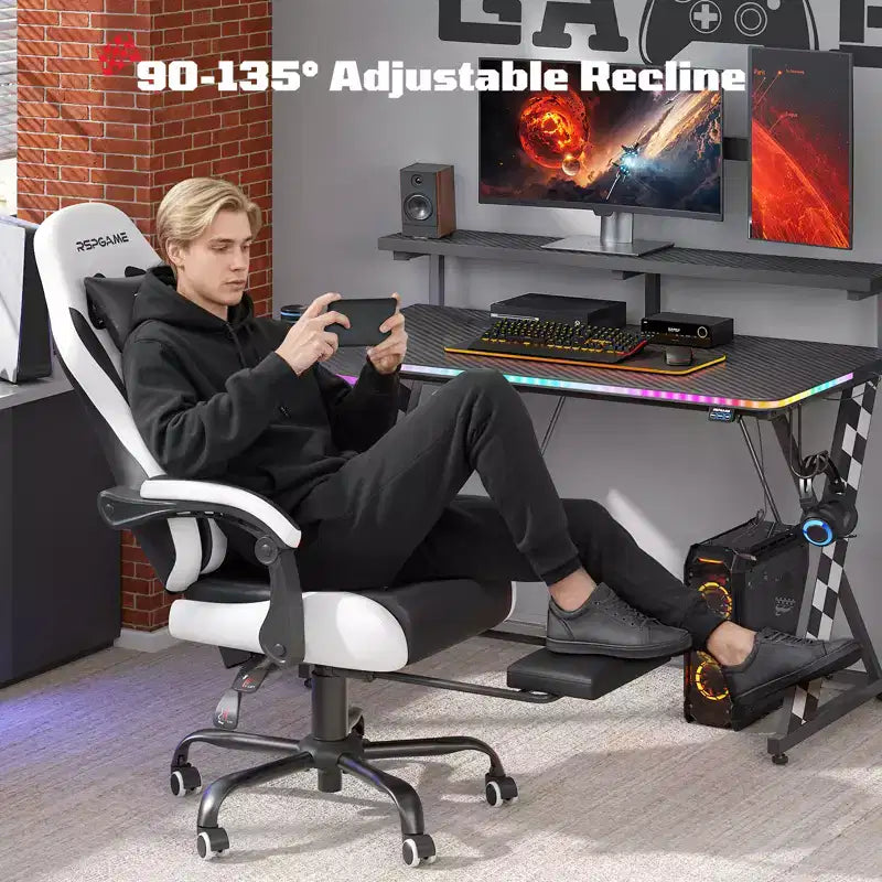 RSPGAME Basic Ergonomic Gaming Chairs for Adults, PU Leather Office Chairs with Lumbar Support, Pocket Spring Cushion and Retractable Footrest
