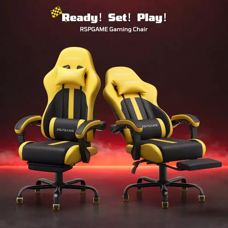 RSPGAME Basic Ergonomic Gaming Chairs for Adults, PU Leather Office Chairs with Lumbar Support, Pocket Spring Cushion and Retractable Footrest