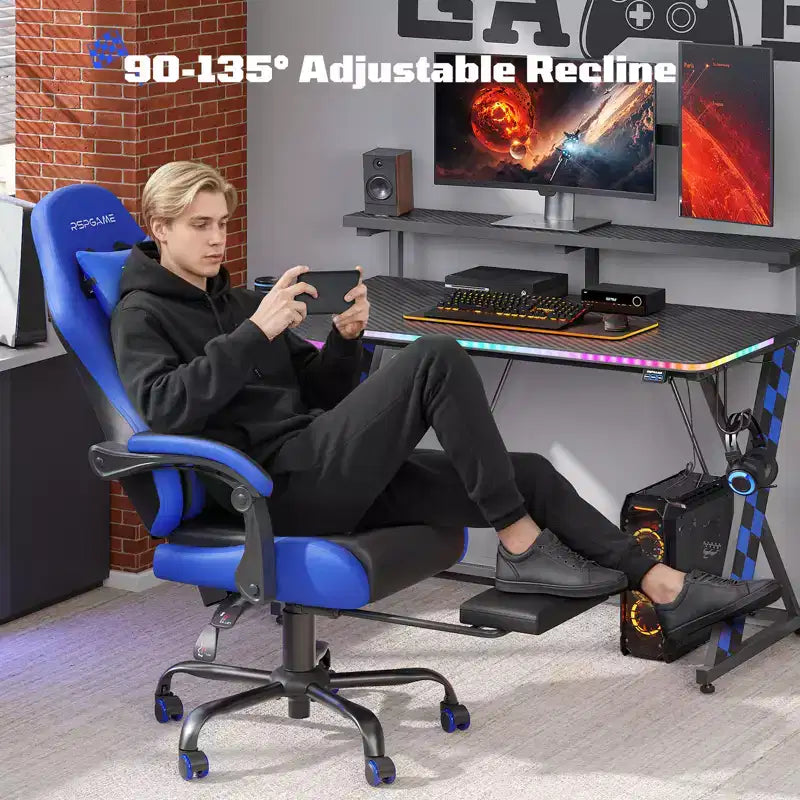 RSPGAME Basic Ergonomic Gaming Chairs for Adults, PU Leather Office Chairs with Lumbar Support, Pocket Spring Cushion and Retractable Footrest