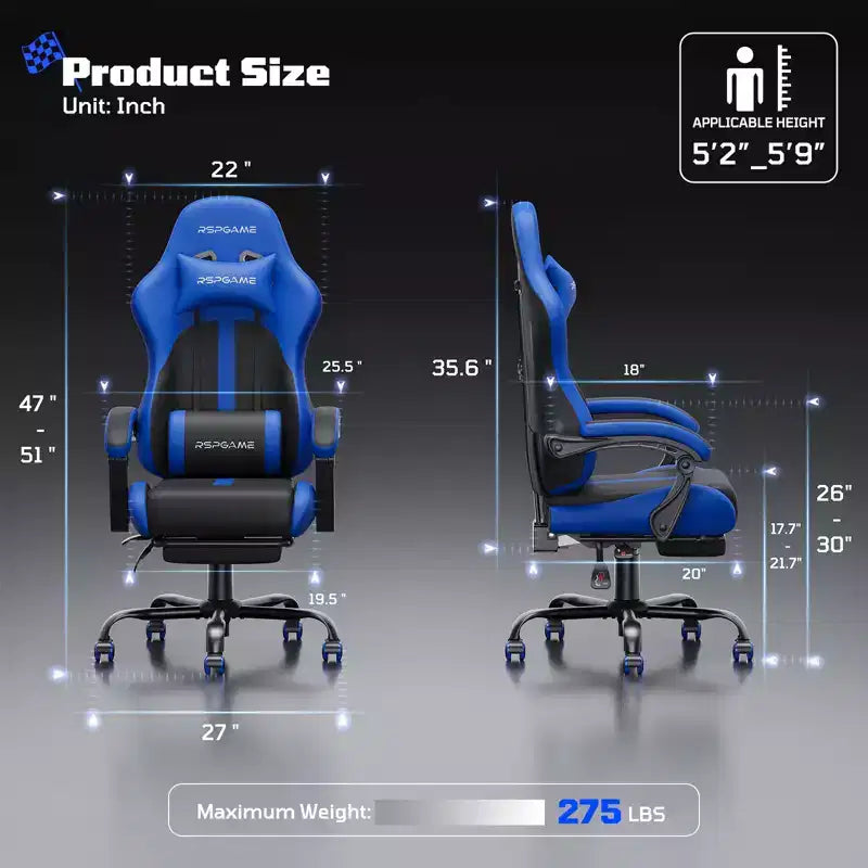 RSPGAME Basic Ergonomic Gaming Chairs for Adults, PU Leather Office Chairs with Lumbar Support, Pocket Spring Cushion and Retractable Footrest