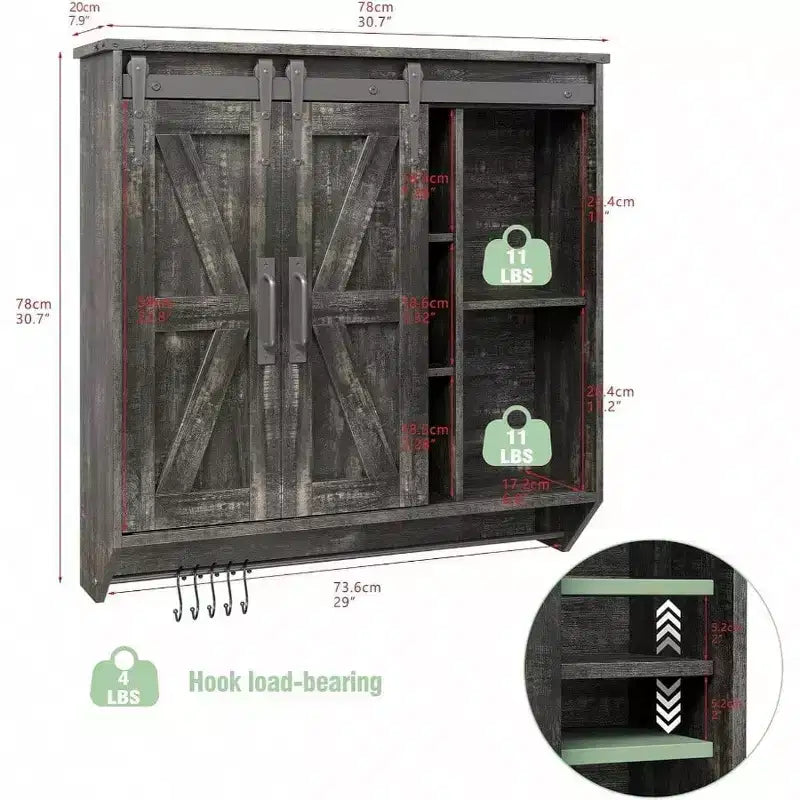 Farmhouse Cabinet 2 Sliding Barn Doors 3 Tier Rustic Wood Wall Storage Cabinet Adjustable Shelf Towel Bar Wall Mounted Bathroom