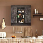 Farmhouse Cabinet 2 Sliding Barn Doors 3 Tier Rustic Wood Wall Storage Cabinet Adjustable Shelf Towel Bar Wall Mounted Bathroom