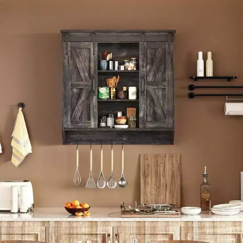 Farmhouse Cabinet 2 Sliding Barn Doors 3 Tier Rustic Wood Wall Storage Cabinet Adjustable Shelf Towel Bar Wall Mounted Bathroom