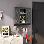 Farmhouse Cabinet 2 Sliding Barn Doors 3 Tier Rustic Wood Wall Storage Cabinet Adjustable Shelf Towel Bar Wall Mounted Bathroom