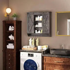 Farmhouse Cabinet 2 Sliding Barn Doors 3 Tier Rustic Wood Wall Storage Cabinet Adjustable Shelf Towel Bar Wall Mounted Bathroom