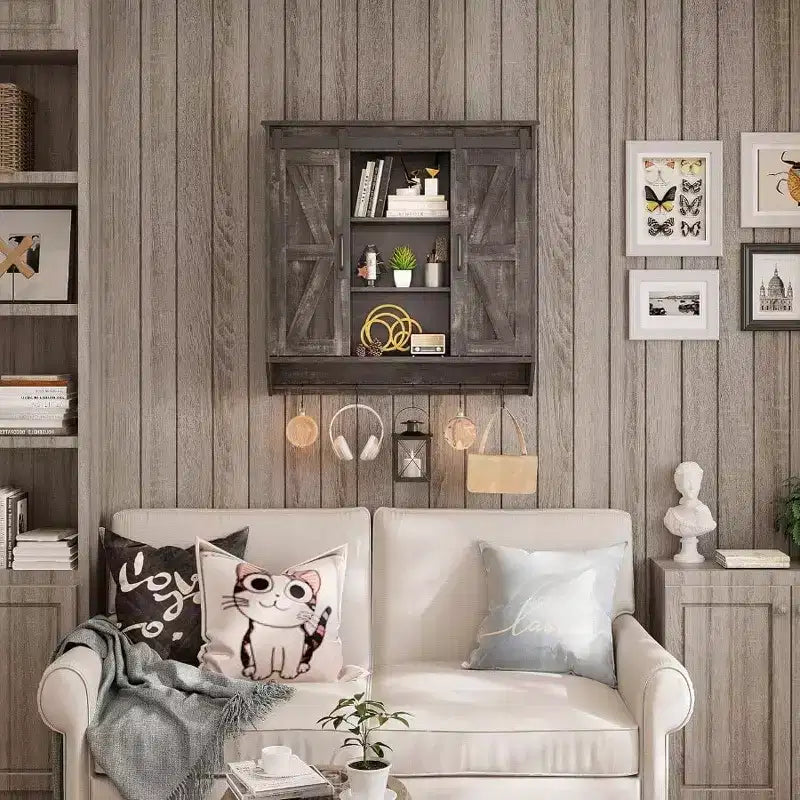 Farmhouse Cabinet 2 Sliding Barn Doors 3 Tier Rustic Wood Wall Storage Cabinet Adjustable Shelf Towel Bar Wall Mounted Bathroom