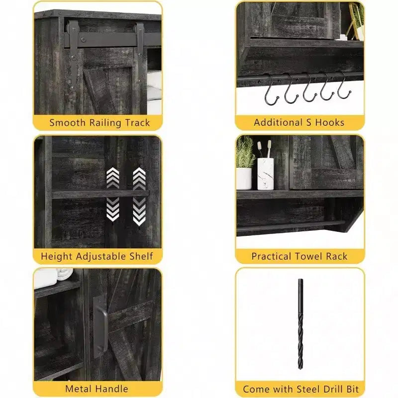 Farmhouse Cabinet 2 Sliding Barn Doors 3 Tier Rustic Wood Wall Storage Cabinet Adjustable Shelf Towel Bar Wall Mounted Bathroom