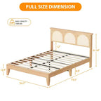 Lit en bois massif avec tête de lit en rotin naturel et lumières LED, aucun sommier tapissier requis, rangement en dessous, cadre de lit robuste et silencieux, assemblage facile