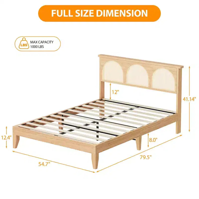 Lit en bois massif avec tête de lit en rotin naturel et lumières LED, aucun sommier tapissier requis, rangement en dessous, cadre de lit robuste et silencieux, assemblage facile