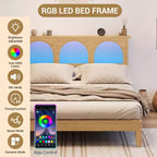 Lit en bois massif avec tête de lit en rotin naturel et lumières LED, aucun sommier tapissier requis, rangement en dessous, cadre de lit robuste et silencieux, assemblage facile