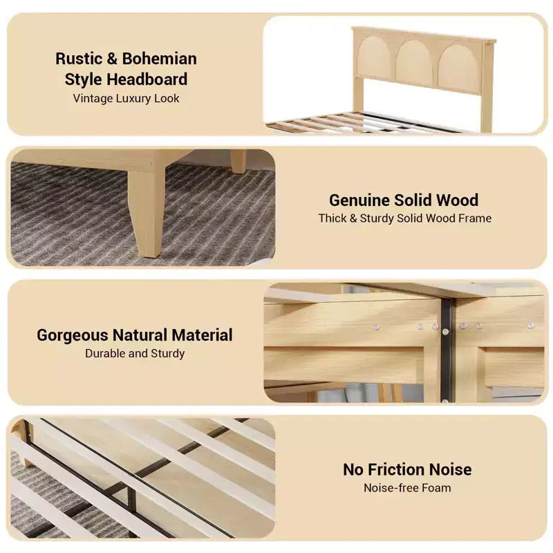 Lit en bois massif avec tête de lit en rotin naturel et lumières LED, aucun sommier tapissier requis, rangement en dessous, cadre de lit robuste et silencieux, assemblage facile