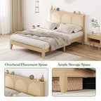 Lit en bois massif avec tête de lit en rotin naturel et lumières LED, aucun sommier tapissier requis, rangement en dessous, cadre de lit robuste et silencieux, assemblage facile