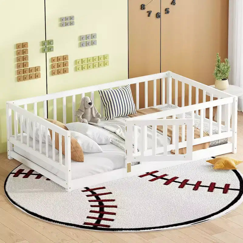 Zeus & Ruta Wood Floor Bed with Safety Fence & Door, Slat Support for Kids