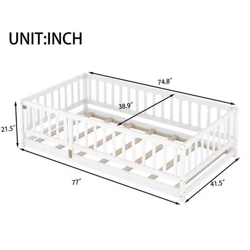 Zeus & Ruta Wood Floor Bed with Safety Fence & Door, Slat Support for Kids