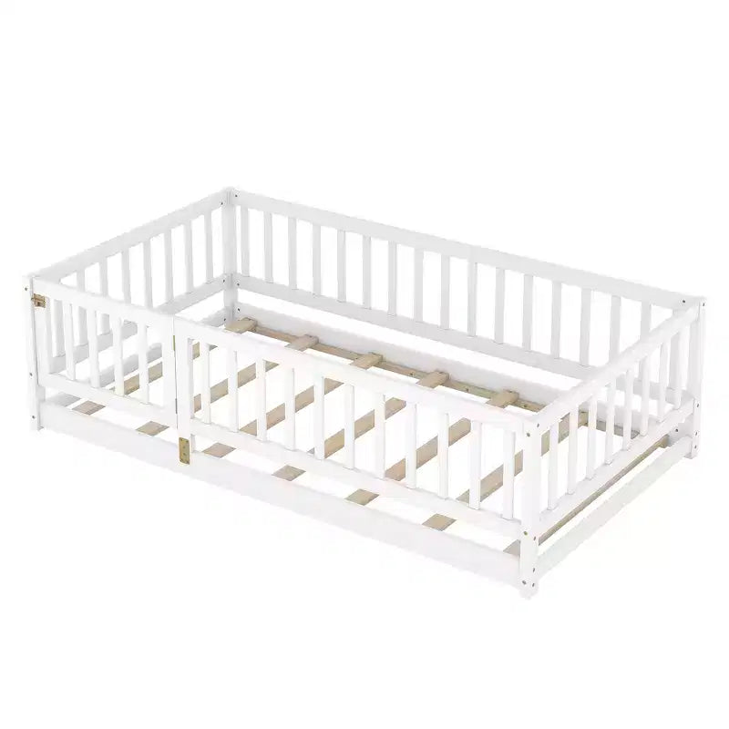 Zeus & Ruta Wood Floor Bed with Safety Fence & Door, Slat Support for Kids