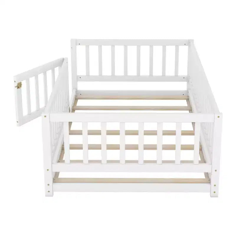 Zeus & Ruta Wood Floor Bed with Safety Fence & Door, Slat Support for Kids