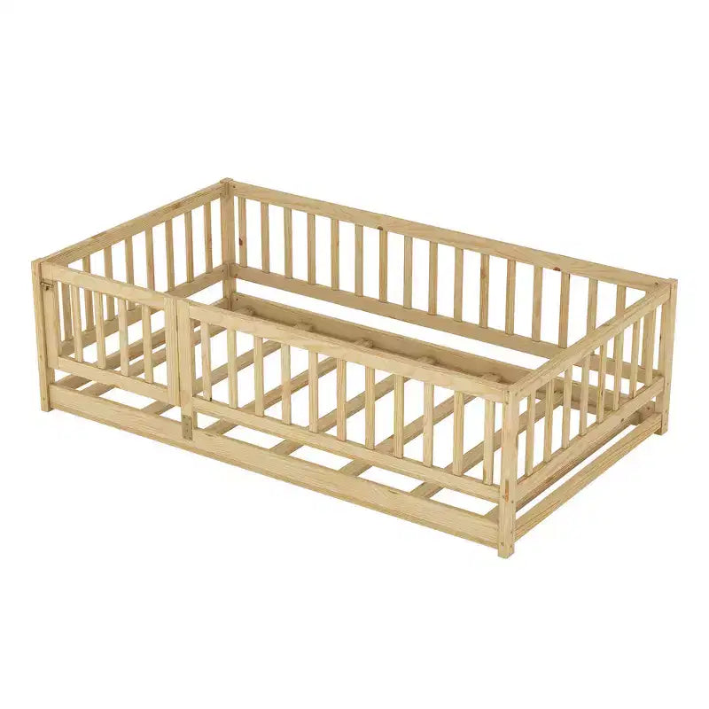 Zeus & Ruta Wood Floor Bed with Safety Fence & Door, Slat Support for Kids