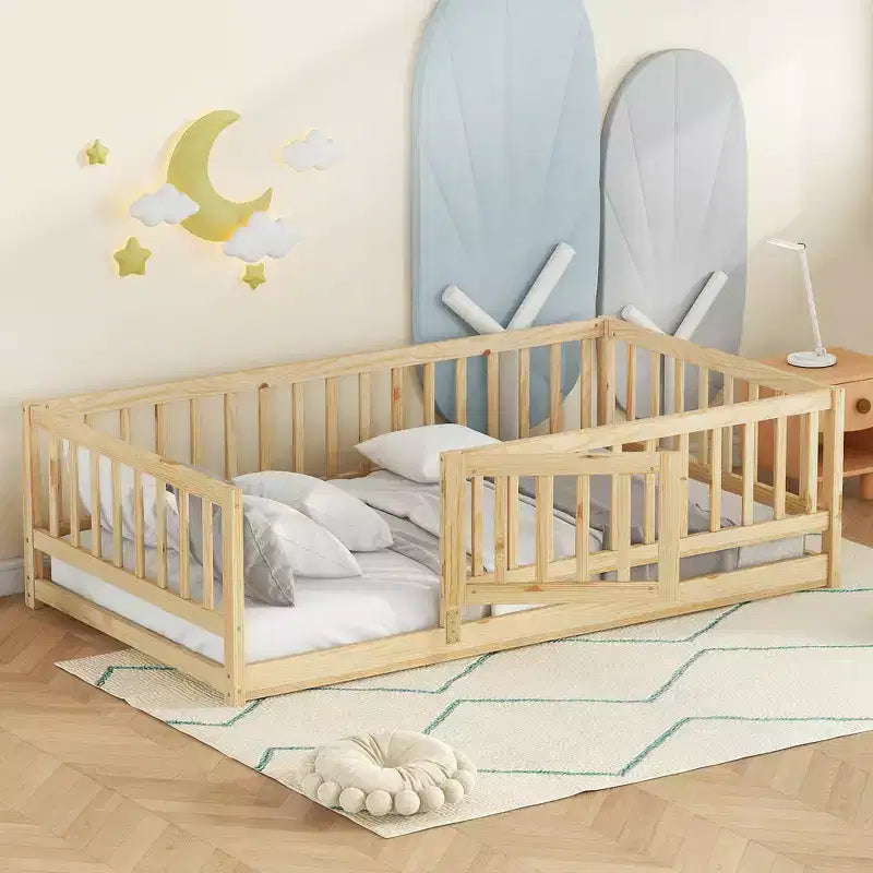 Zeus & Ruta Wood Floor Bed with Safety Fence & Door, Slat Support for Kids