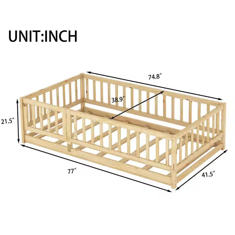 Zeus & Ruta Wood Floor Bed with Safety Fence & Door, Slat Support for Kids