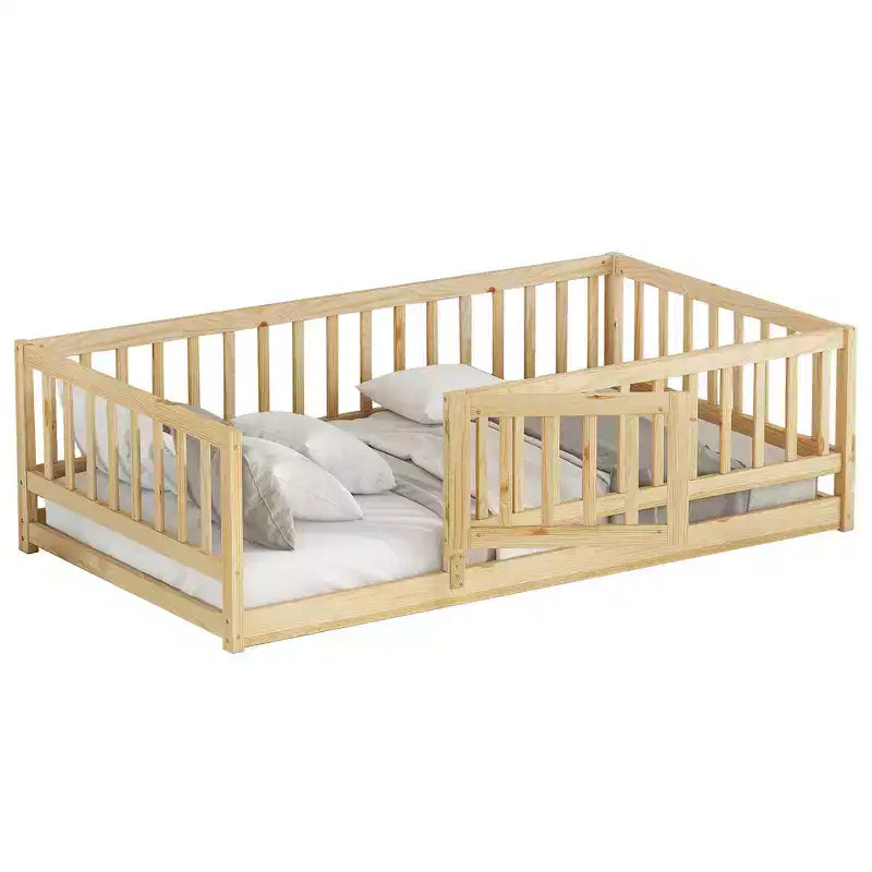 Zeus & Ruta Wood Floor Bed with Safety Fence & Door, Slat Support for Kids