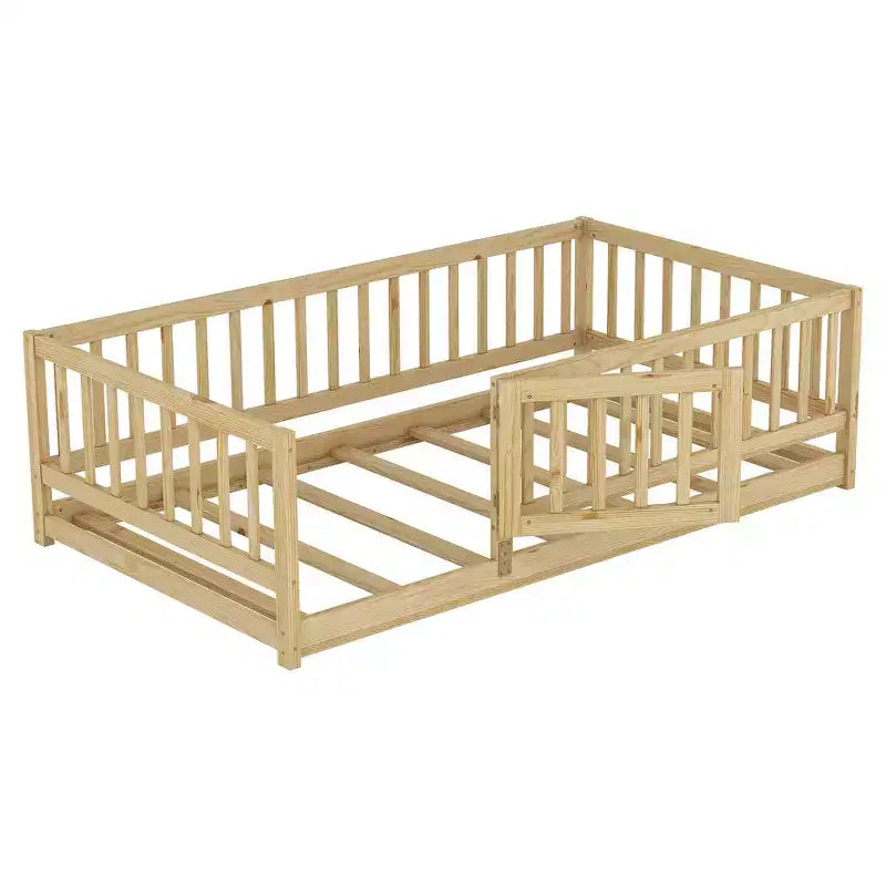 Zeus & Ruta Wood Floor Bed with Safety Fence & Door, Slat Support for Kids