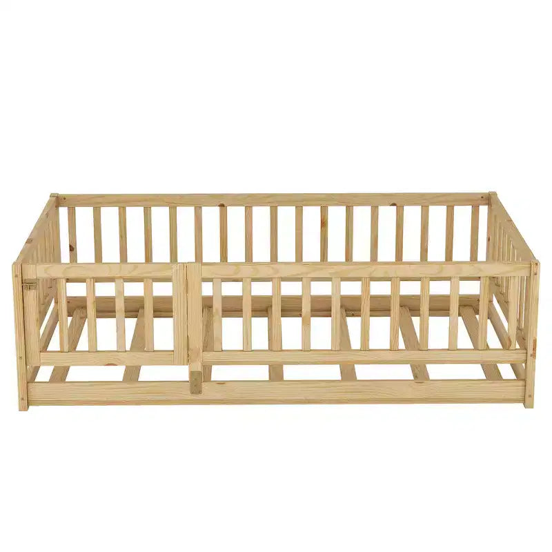 Zeus & Ruta Wood Floor Bed with Safety Fence & Door, Slat Support for Kids