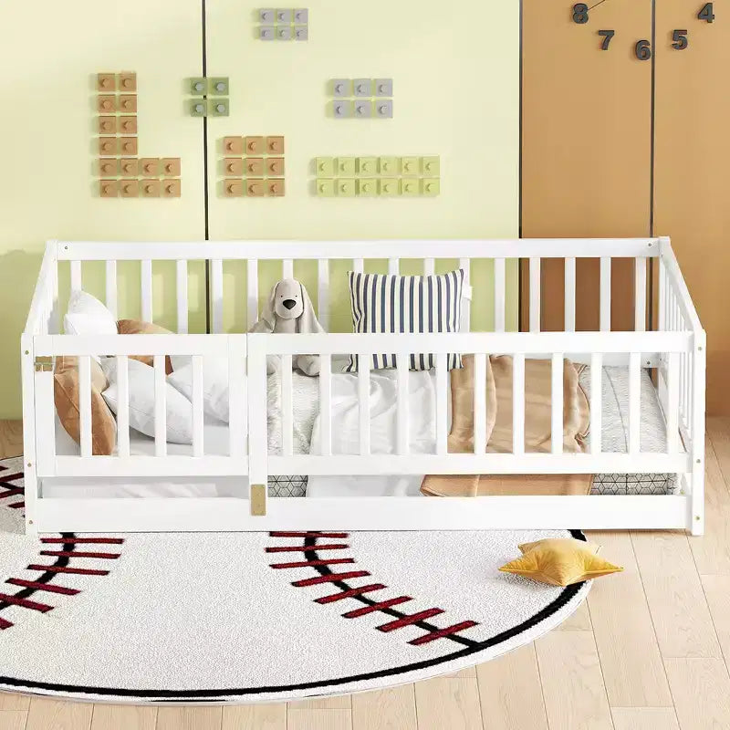 Zeus & Ruta Wood Floor Bed with Safety Fence & Door, Slat Support for Kids