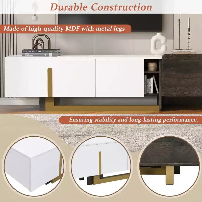 Meuble TV moderne avec tiroir pour téléviseurs de 70 pouces, meuble de rangement TV avec étagères réglables, centre de divertissement avec pieds en métal