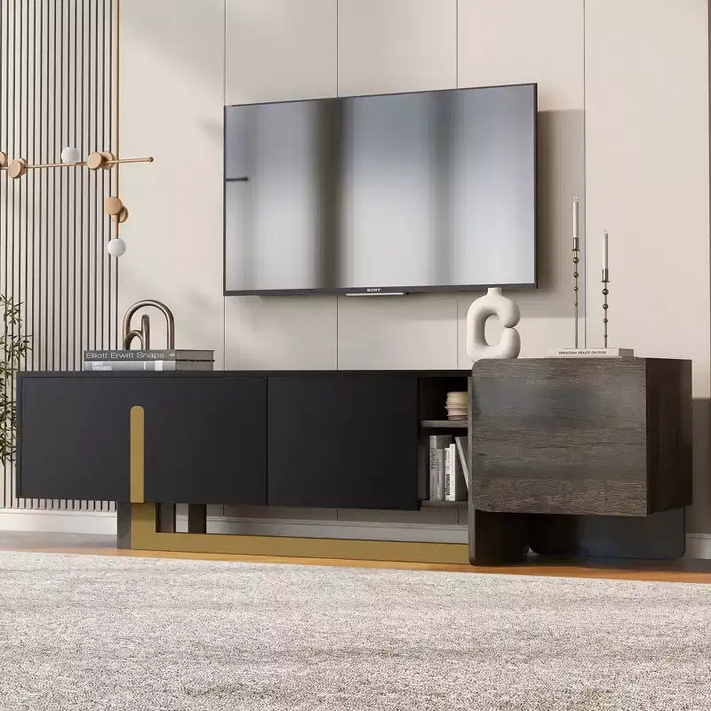 Meuble TV moderne avec tiroir pour téléviseurs de 70 pouces, meuble de rangement TV avec étagères réglables, centre de divertissement avec pieds en métal