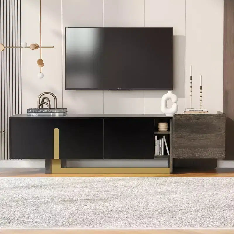 Meuble TV moderne avec tiroir pour téléviseurs de 70 pouces, meuble de rangement TV avec étagères réglables, centre de divertissement avec pieds en métal