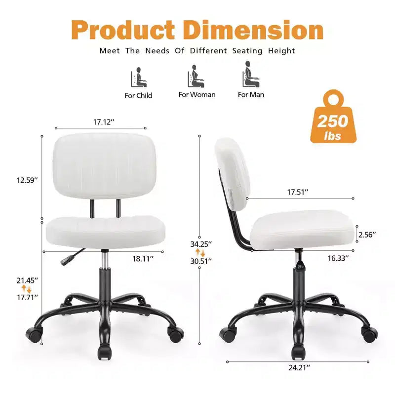 TUYOHW PU Leather Swivel Criss Cross Chair on Wheels,Armless Office Chair with Adjustable Height and Lumbar Support,Gaming Chair for Office