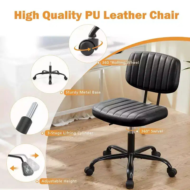 TUYOHW PU Leather Swivel Criss Cross Chair on Wheels,Armless Office Chair with Adjustable Height and Lumbar Support,Gaming Chair for Office