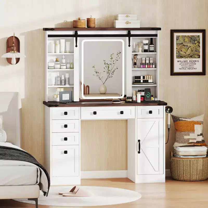 Costway Coiffeuse avec Miroir Tactile, Table de Maquillage de Ferme avec Station de Recharge
