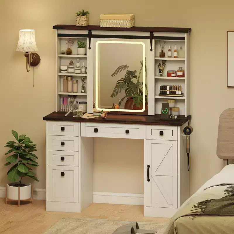 Costway Coiffeuse avec Miroir Tactile, Table de Maquillage de Ferme avec Station de Recharge
