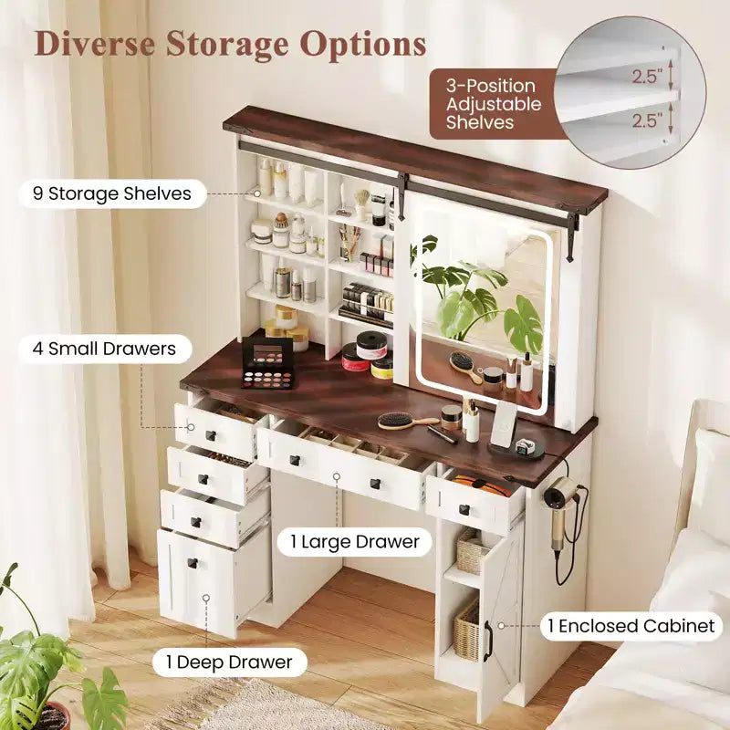 Costway Coiffeuse avec Miroir Tactile, Table de Maquillage de Ferme avec Station de Recharge