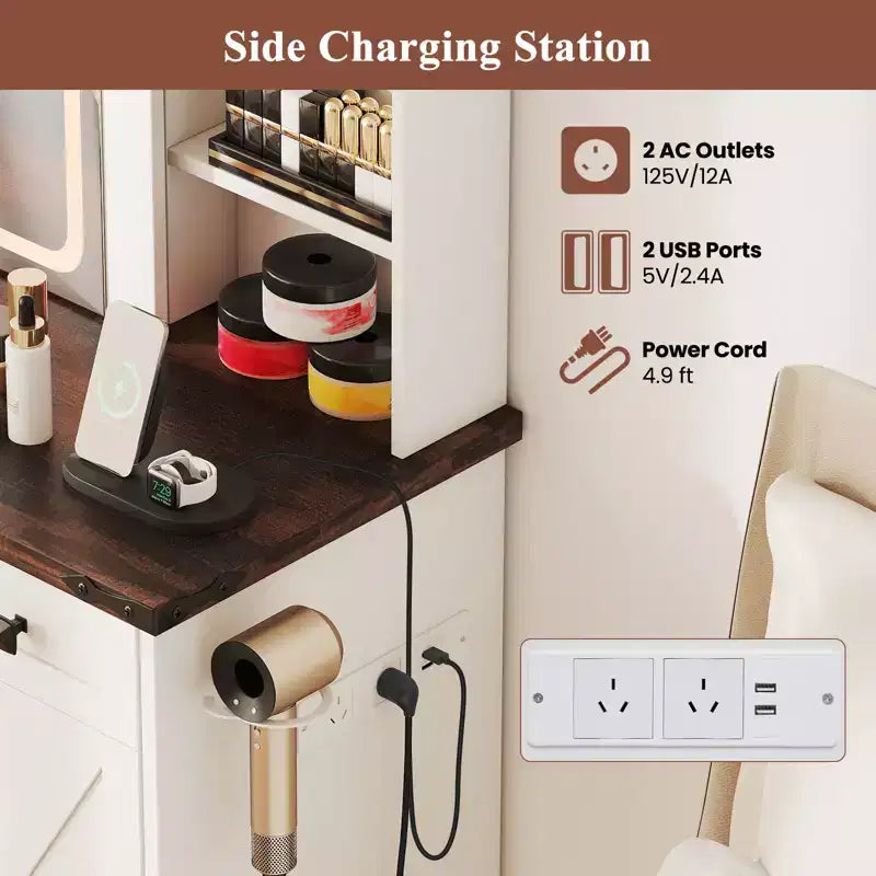 Costway Coiffeuse avec Miroir Tactile, Table de Maquillage de Ferme avec Station de Recharge