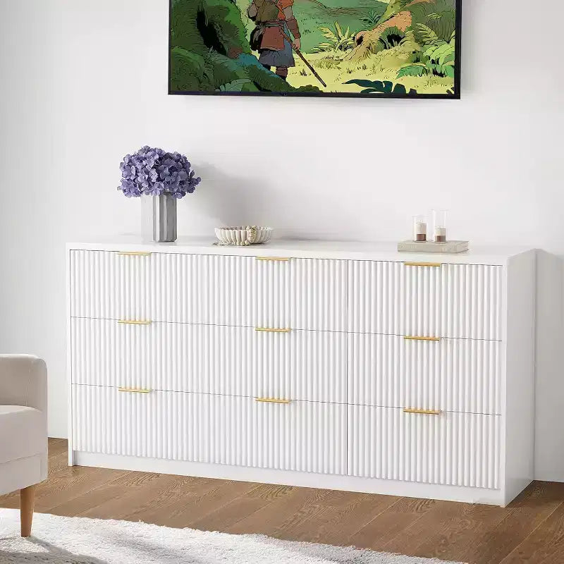 Commode cannelée à 9 tiroirs, Grand organisateur de rangement en bois avec dispositif anti-basculement, Commode et table de chevet rétro pour couloir et entrée