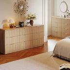 Commode cannelée à 9 tiroirs, Grand organisateur de rangement en bois avec dispositif anti-basculement, Commode et table de chevet rétro pour couloir et entrée